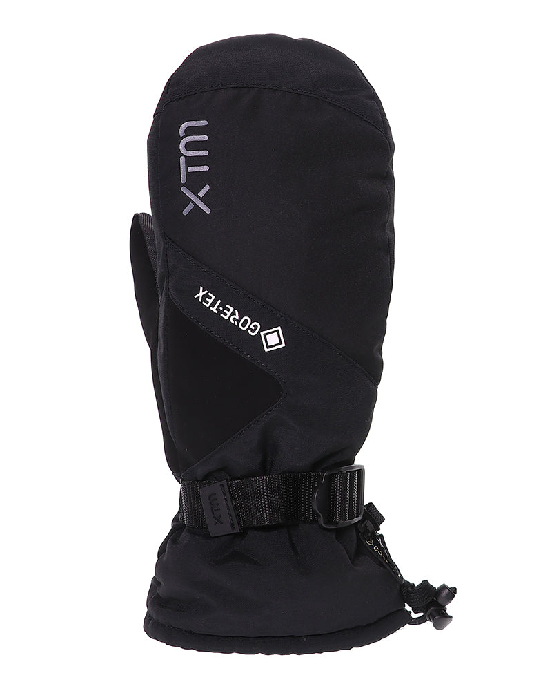 XTM Whistler II black snow mitt, back of hand with GORE-TEX logo, wrist strap and barrel lock cuff