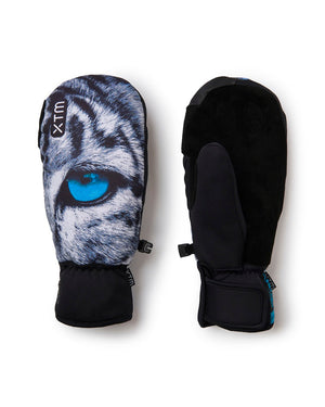 XTM Valentino Ascent Snow Leopard mitt back print beside the black goat skin suede palm