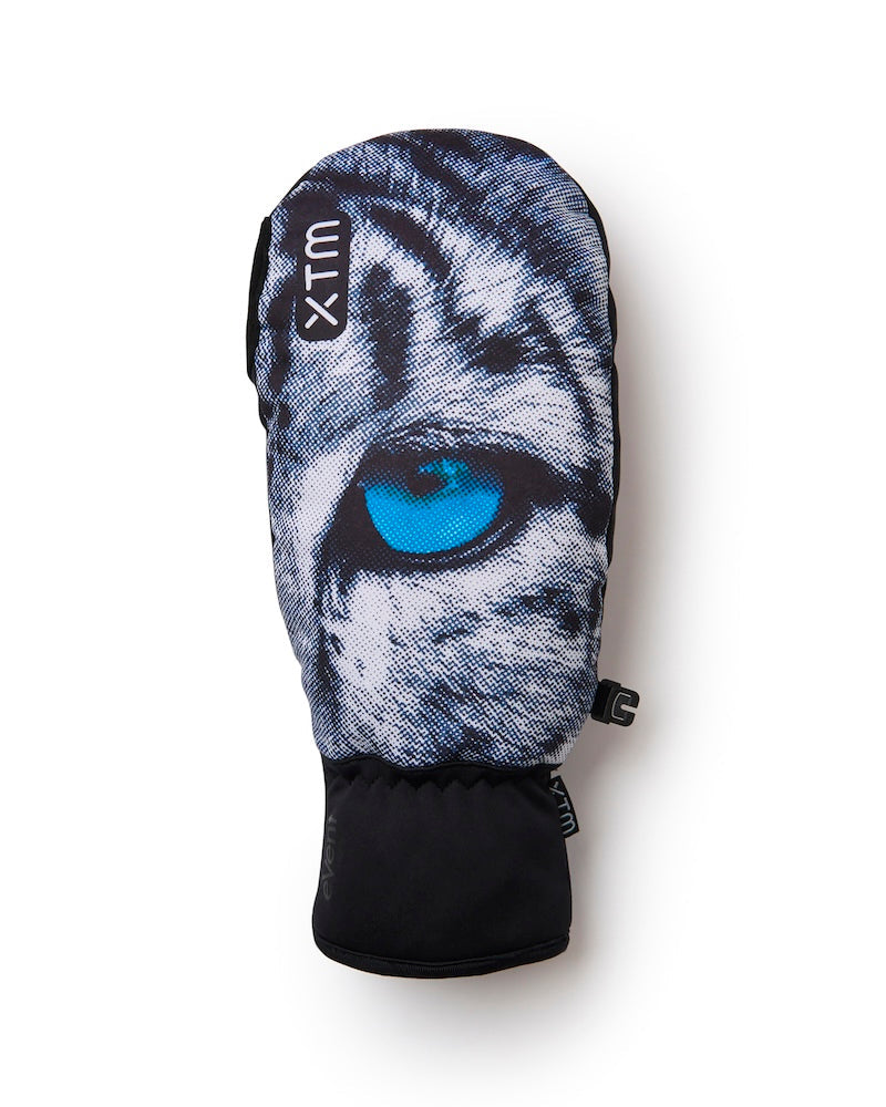 Single XTM Valentino Ascent Snow Leopard mitt, back of hand with XTM logo and black cuff