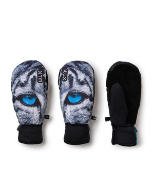 Three XTM Valentino Ascent Snow Leopard mitts: two printed backs and one black suede palm