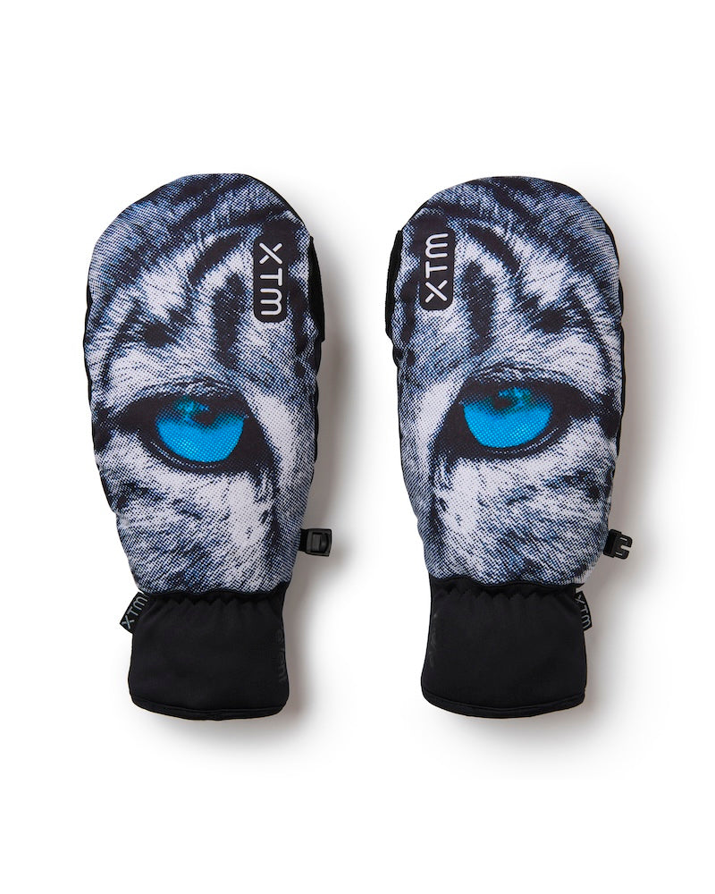 Pair of XTM Valentino Ascent mitts, backs printed with a snow leopard face and blue eye