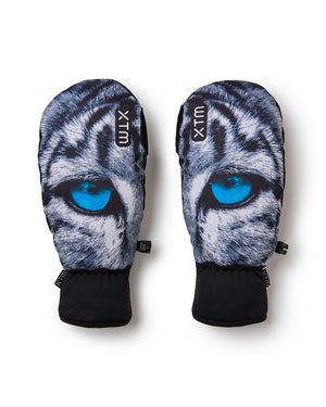 Pair of XTM Valentino Ascent mitts, backs printed with a snow leopard face and blue eye