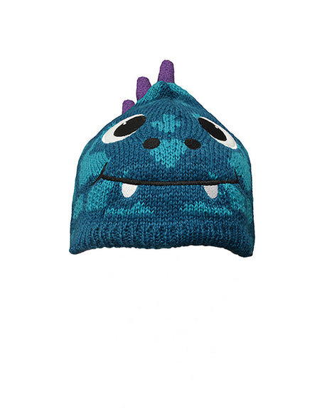 Dino XTM Kids Zoolander beanie, teal patterned knit dinosaur face with purple spikes and white teeth
