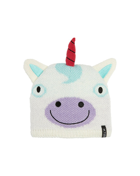 White Unicorn XTM Kids Zoolander beanie, white knit face with red horn, aqua ears and lilac muzzle