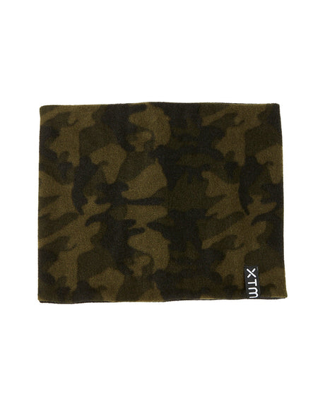 XTM Kids Microfleece X neck gaiter in Army Camo green camouflage fleece, laid flat
