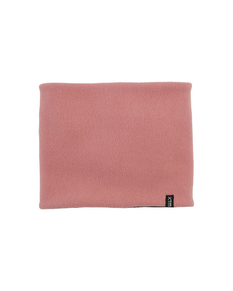 XTM Kids Microfleece X neck warmer in Dusty Rose pink fleece, laid flat with the XTM clamp label