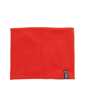 XTM Kids Microfleece X neck warmer in Lava red-orange fleece with the XTM label on the edge