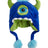 XTM Kids Furble Monster beanie, blue faux fur with one embroidered eye, green horns and pom pom ties