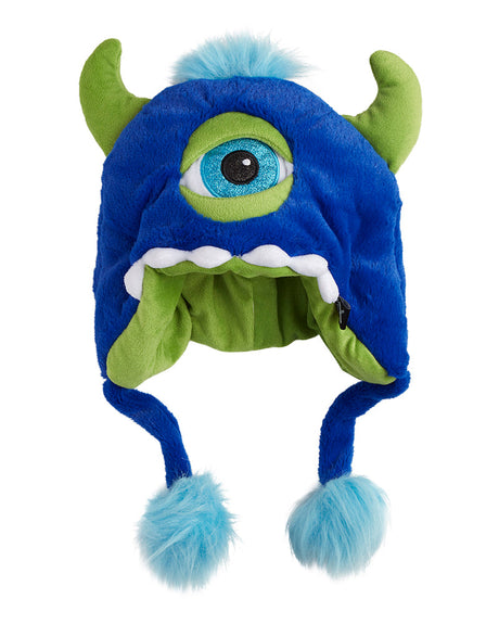 XTM Kids Furble Monster beanie, blue faux fur with one embroidered eye, green horns and pom pom ties