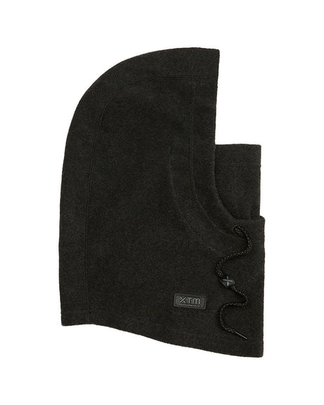 XTM Kids Kenny hood balaclava in Dark Grey microfleece, side view showing the lace toggle and woven label