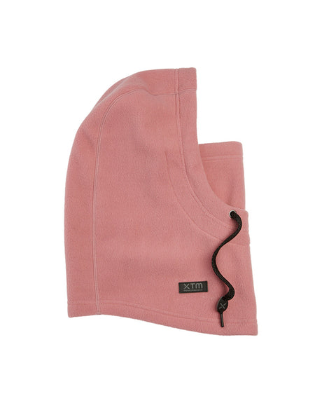 XTM Kids Kenny microfleece hood balaclava in Dusty Rose, side view with black adjustable lace and toggle