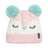 Crystal Fox XTM Kids Jumble beanie in pink and white knit with sleepy eyes and two aqua pom poms