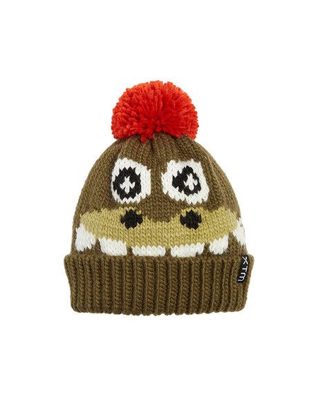 Crocodile XTM Kids Jumble beanie, olive green knit with big eyes, white teeth and red pom pom