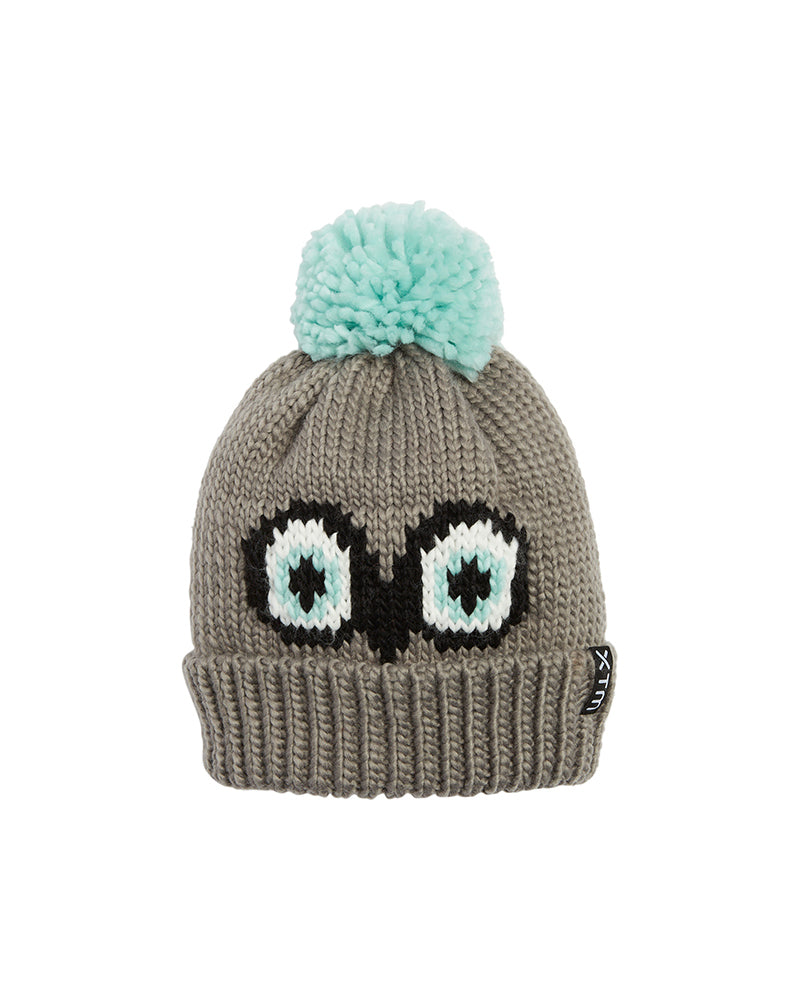 Owl XTM Kids Jumble beanie in grey knit with large owl eyes and an aqua pom pom on top