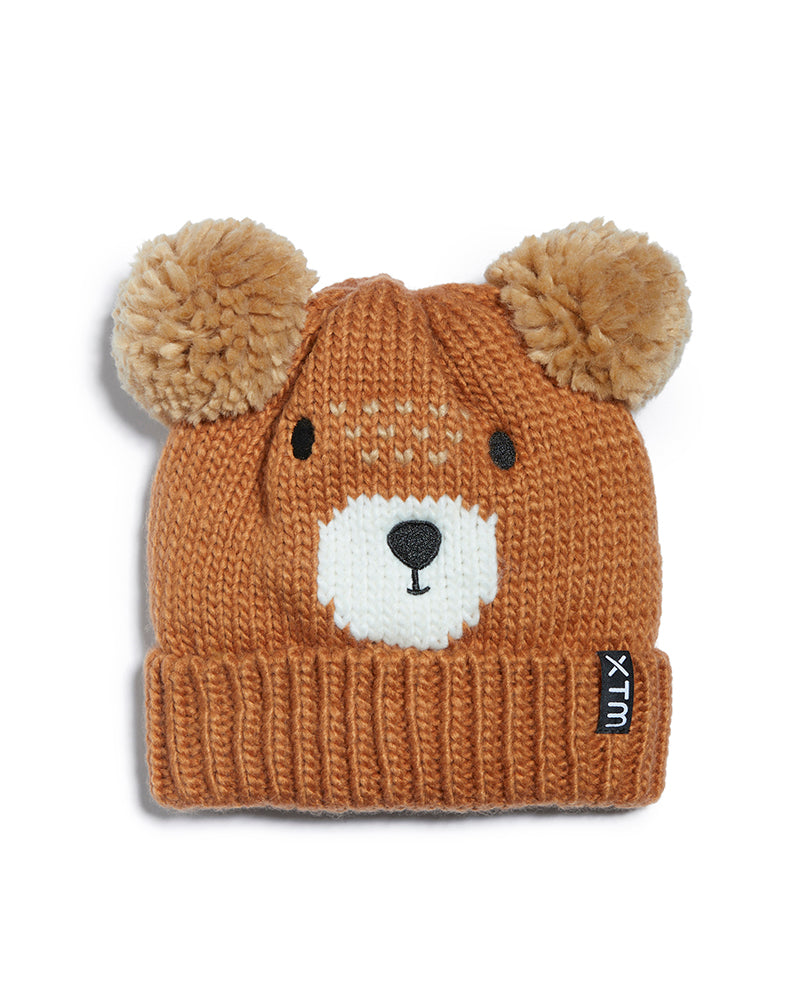 Bear XTM Kids Jumble beanie, tan knit bear face with fluffy pom pom ears and woven XTM label