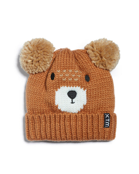 Bear XTM Kids Jumble beanie, tan knit bear face with fluffy pom pom ears and woven XTM label