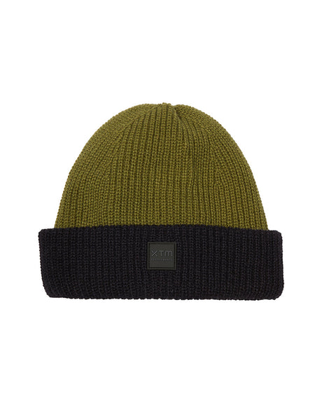 Sea Kelp XTM Kids Hideaway Beanie, olive green crown with dark navy cuff and tonal XTM badge