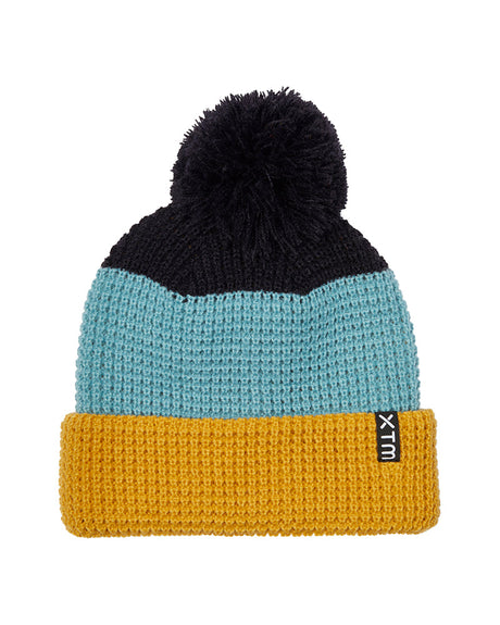 Navy XTM Kids Trifle beanie with navy pom pom, aqua waffle knit band and mustard yellow cuff
