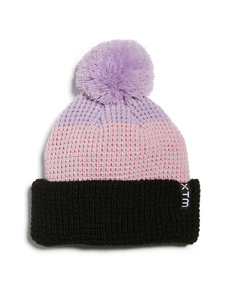Lavender XTM Kids Trifle beanie, lilac pom pom over pink waffle knit band and black cuff