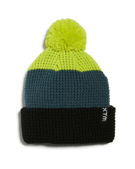 Lime XTM Kids Trifle beanie with lime pom pom, dark teal waffle knit band and black cuff