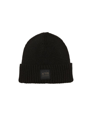 Black XTM Kids Hangout Polylana Eco Beanie in rib knit with folded hem and tonal XTM badge