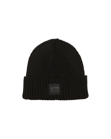Black XTM Kids Hangout Polylana Eco Beanie in rib knit with folded hem and tonal XTM badge