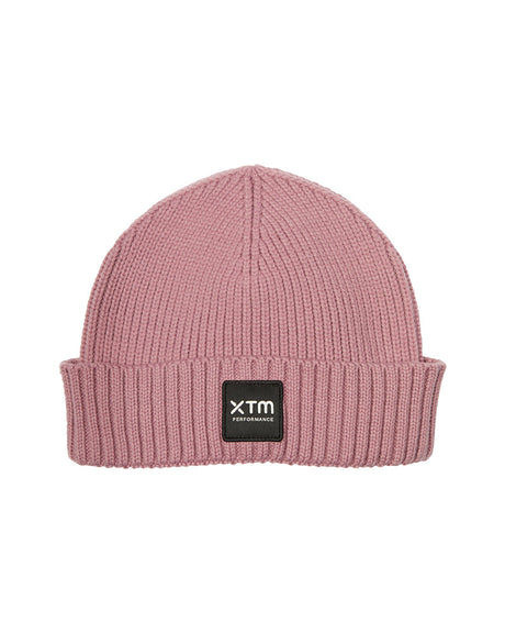 Rose Dust XTM Kids Hangout Polylana Eco Beanie, dusty pink rib knit with roll-up cuff and black XTM badge