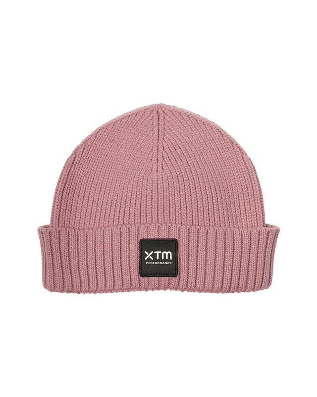 Rose Dust XTM Kids Hangout Polylana Eco Beanie, dusty pink rib knit with roll-up cuff and black XTM badge
