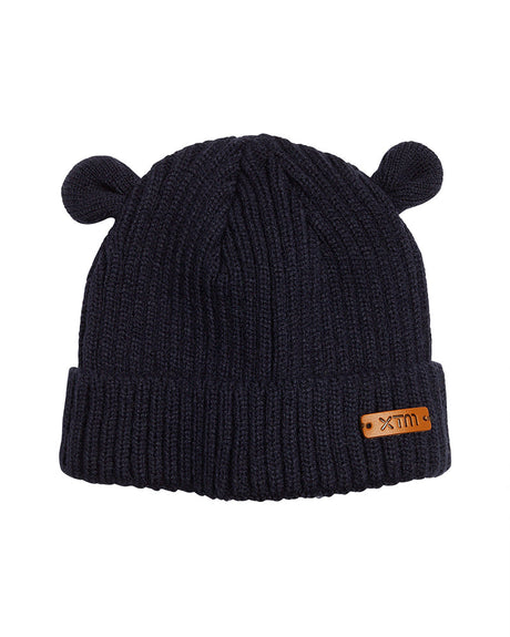 XTM Bugaboo infant beanie in Navy rib knit with little ears on top, folded hem and tan leather badge