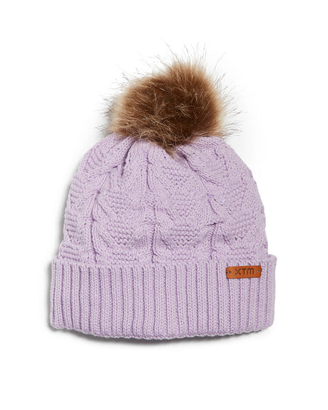 Lavender XTM Kids Isla Knit Beanie in pale lilac cable knit with faux fur pom pom and leather badge