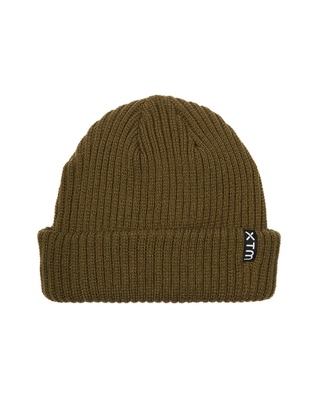 Kalamata XTM Kids Slushy Beanie, olive brown rib knit with roll-up hem and woven XTM label