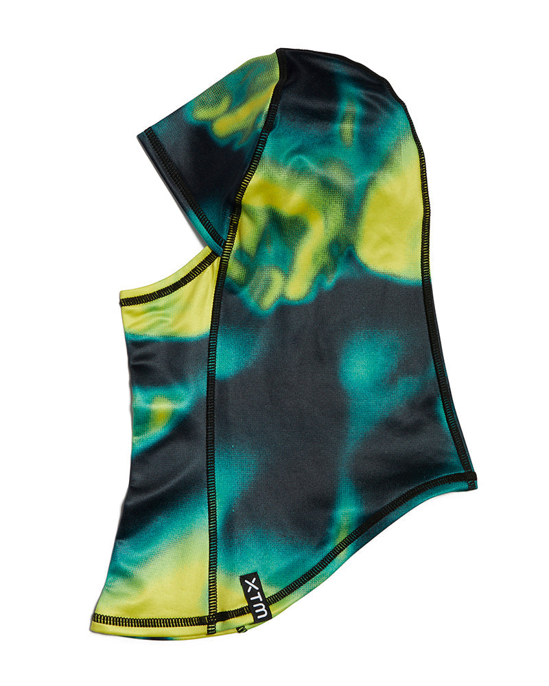 XTM Kids Blindside balaclava in Aurora Lime, a black, teal and yellow swirl print, side view