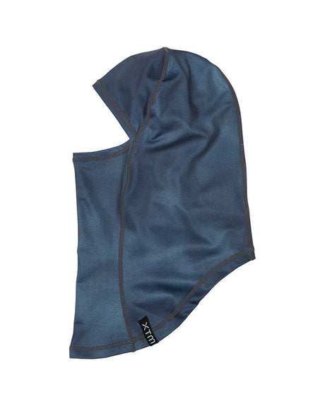 XTM Kids Blindside balaclava in Indigo Haze, a slate blue thermal jersey, side view with XTM tab