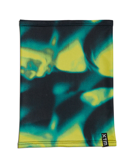 XTM Kids Tempo neck gaiter in Aurora Lime, a black, teal and lime swirl print, laid flat