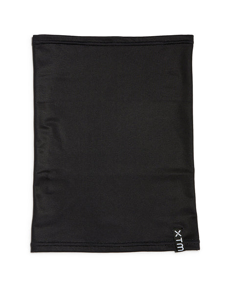 XTM Kids Tempo neck tube in plain Black jersey with the XTM woven label, laid flat