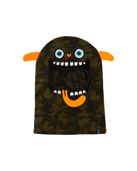XTM Kids Gremlin II balaclava in Army Camo with orange horns, blue eyes and a toothy monster grin
