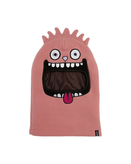 XTM Kids Gremlin II balaclava in Dusty Rose with spiky fleece tufts, googly eyes and a tongue-out grin