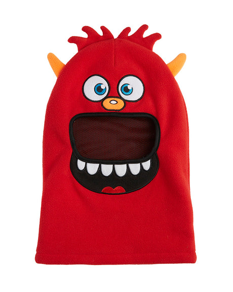 XTM Kids Gremlin II balaclava in Red with orange horns, red fleece tufts and a big toothy monster mouth