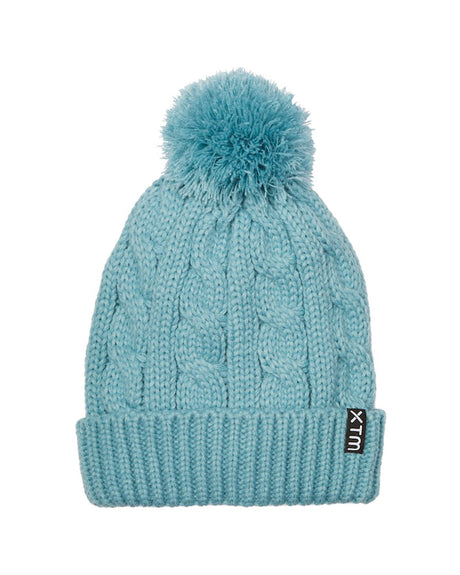 Retro Blue XTM Kids Daydream Beanie, cable-knit with matching yarn pom pom and roll-up cuff