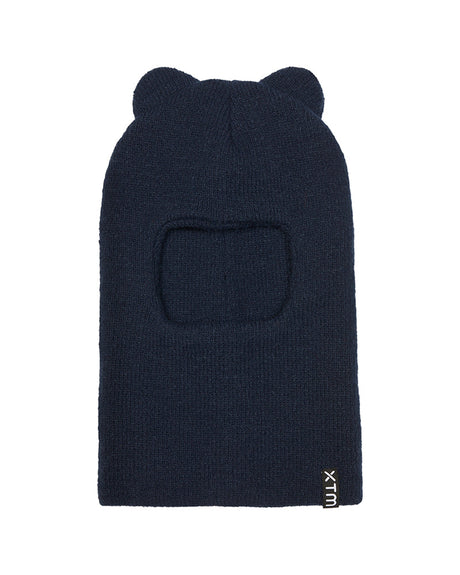 XTM Kids Cub fleece balaclava in Navy, front view showing the face opening, ears and woven XTM label