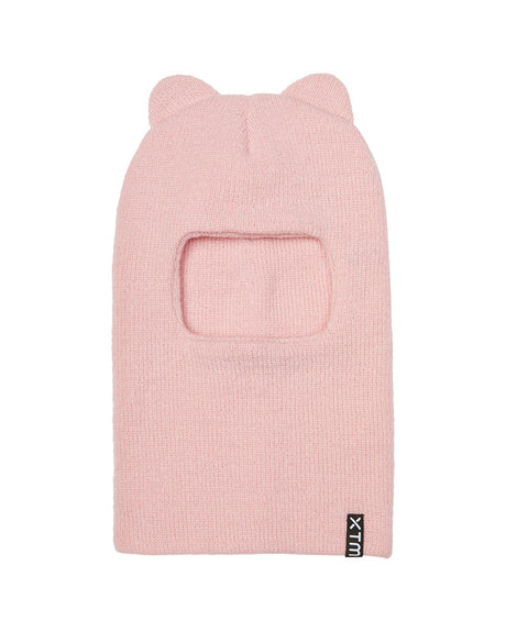 XTM Kids Cub fleece balaclava in Powder Pink, front view with face opening and two bear ears on top