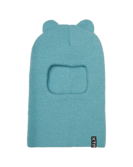 XTM Kids Cub fleece balaclava in Retro Blue, a soft aqua, with little ears and a rectangular face opening