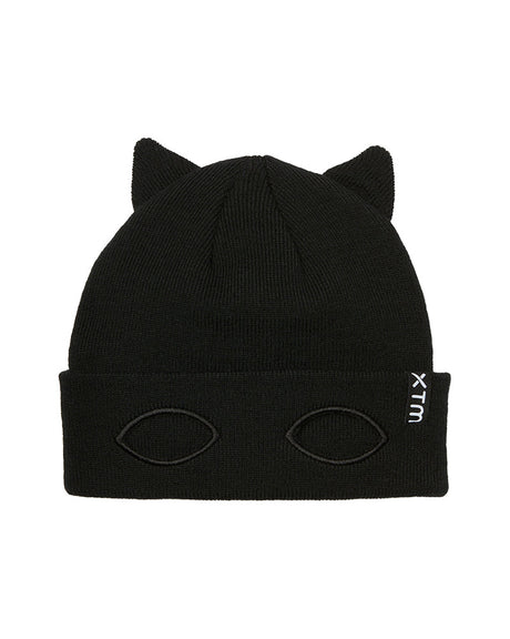 Black XTM Kids Masked Beanie with cat ears, cuff rolled up to show two embroidered eye openings