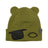 Sea Kelp XTM Kids Masked Beanie, olive green with bear ears, cuff rolled up showing eye patch design