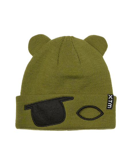 Sea Kelp XTM Kids Masked Beanie, olive green with bear ears, cuff rolled up showing eye patch design