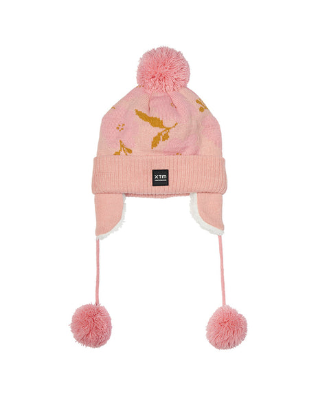 Crystal Pink XTM Kids Lumi beanie with gold leaf pattern, sherpa-lined earflaps and pink pom pom ties