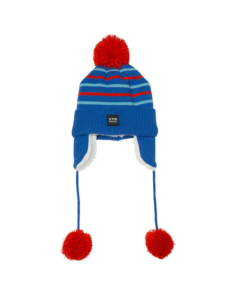 Marine Blue XTM Kids Lumi beanie with red and light blue stripes, sherpa lining and red pom pom ties
