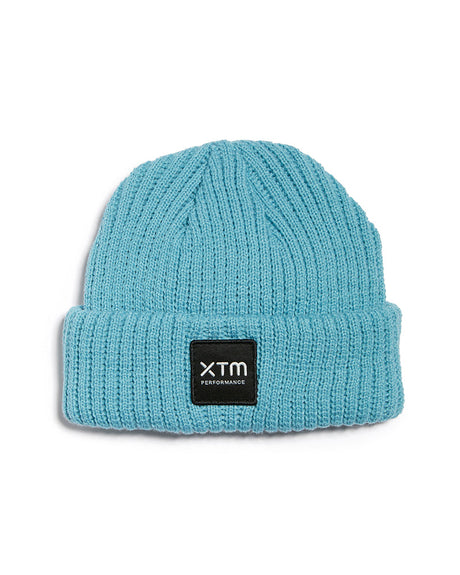 Retro Blue XTM Kids Crackerjack Beanie, sky blue rib knit with roll-up hem and black woven badge