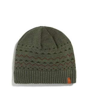 Kalamata XTM Men's August fleece-lined beanie, olive knit with dark patterned bands and leather label