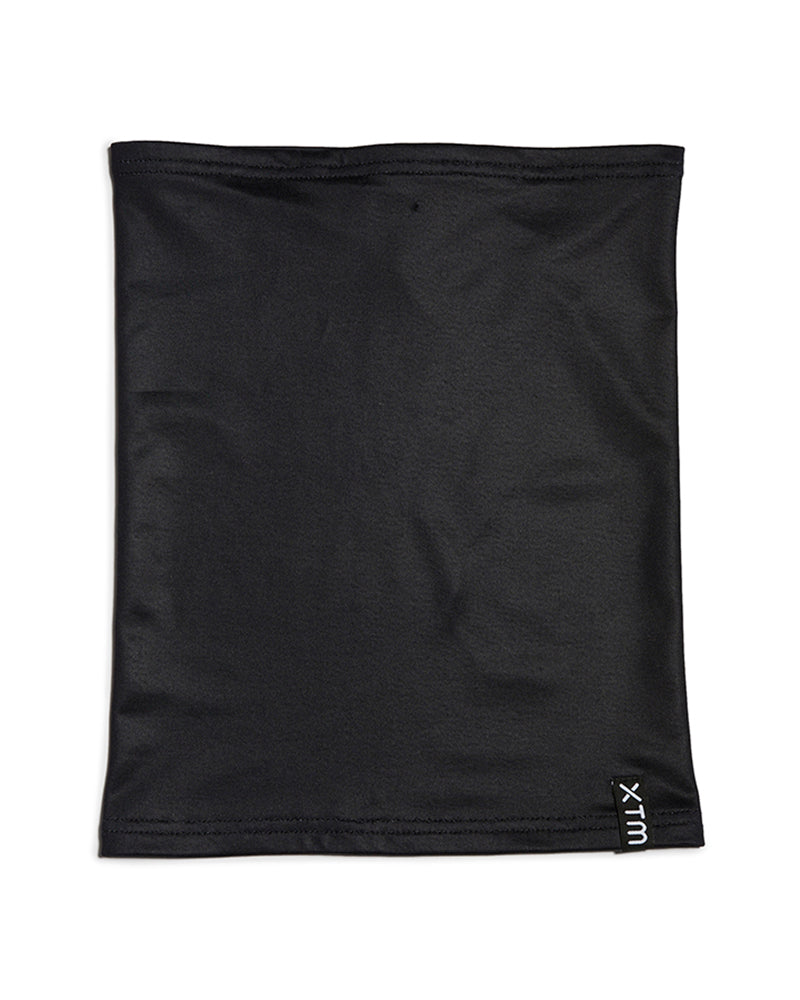 XTM Tempo neck warmer in Black, laid flat to show the tube shape and woven XTM label